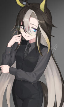 Rule 34 | 1girl, ahoge, animal ears, black hair, black necktie, black pants, black vest, blonde hair, blue eyes, closed mouth, collared shirt, colored inner hair, commentary request, cowboy shot, dream journey (umamusume), dress shirt, eyewear strap, glass, grey background, grey shirt, hair between eyes, hand on own elbow, hayabusa (vert 320), highres, horse ears, horse girl, horse tail, long bangs, long hair, long sleeves, looking at viewer, multicolored hair, necktie, pants, rimless eyewear, shirt, smile, solo, standing, tail, umamusume, very long hair, vest, waistcoat, white hair