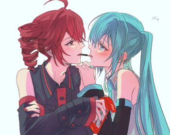 2girls black_shirt blue_eyes blue_hair blue_nails blue_necktie commentary_request detached_sleeves drill_hair eye_contact flying_sweatdrops food grey_shirt hatsune_miku highres itsukey_mouse kasane_teto looking_at_another multiple_girls necktie pocky pocky_day pocky_kiss red_eyes red_hair red_nails shared_food shirt simple_background sleeveless sleeveless_shirt twin_drills twintails utau vocaloid white_background yuri