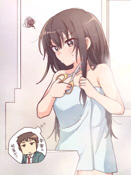 1boy 1girl after_bathing blazer blush brown_eyes brown_hair collarbone collared_shirt commentary_request cutting_hair cutting_own_hair green_jacket hair_between_eyes highres holding holding_scissors imagining jacket kita_high_school_uniform kyon long_hair long_sleeves naked_towel necktie red_necktie school_uniform scissors shirt solo_focus speech_bubble squiggle standing suzumiya_haruhi suzumiya_haruhi_no_yuuutsu taiki_(6240taiki) thighs thought_bubble towel translation_request very_long_hair white_shirt winter_uniform