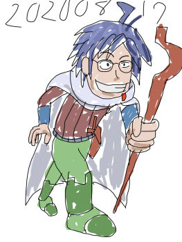 Rule 34 | 1boy, ahoge, bag, black eyes, black hair, brown shirt, cape, cloak, dated, glasses, green pants, grin, hara kazuhiro, highres, holding, hood, hooded cloak, log horizon, male focus, pants, shiroe (log horizon), shirt, simple background, smile, staff, white background, white cape, white cloak, wrist guards
