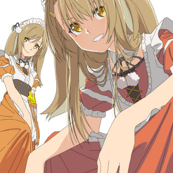 2girls animal_ears apron black_corset boko_(maniacpurple) brown_hair buttons closed_mouth commentary corset detached_collar double-breasted dress frilled_apron frills grin hair_ornament inaba_haneru_(animare) inaba_mamaneru lips long_dress long_hair looking_at_viewer lop_rabbit_ears maid maid_apron maid_headdress mother_and_daughter multiple_girls name_tag nanashi_inc. orange_dress pom_pom_(clothes) pom_pom_hair_ornament puffy_short_sleeves puffy_sleeves rabbit_ears short_sleeves simple_background smile squatting virtual_youtuber white_apron white_background white_headdress yellow_eyes