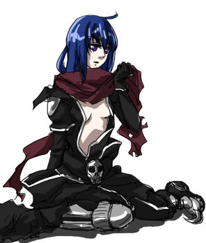 1girl assassin_cross_(ragnarok_online) black_gloves black_pants black_shirt blue_hair breasts commentary_request crossdressing crossdressing_(ftm) full_body gloves long_hair no_bra open_mouth pants purple_eyes ragnarok_online red_scarf scarf shirt simple_background sitting small_breasts solo toriria torn_clothes torn_scarf white_background