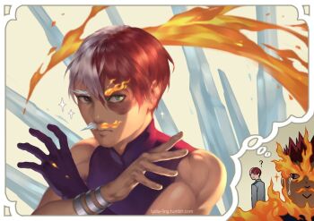 2boys :&gt; ? black_gloves blue_eyes boku_no_hero_academia border brown_eyes burn_scar closed_mouth commentary crossed_wrists crying crying_with_eyes_open cryokinesis endeavor_(boku_no_hero_academia) english_commentary facial_hair father_and_son fire gloves grey_hair hair_between_eyes hands_up heterochromia ice looking_at_viewer lydialing_draws male_focus multicolored_hair multiple_boys mustache pyrokinesis red_hair scar scar_on_face short_hair single_glove smile solo_focus speech_bubble split-color_hair tears thought_bubble todoroki_shoto two-tone_hair white_border