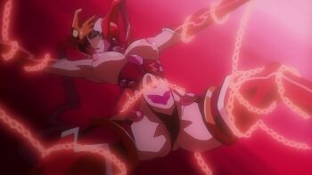 angel_blade angel_blade_(character) angel_blade_punish armor bikini_armor bound bound_arms bound_legs breasts bridal_gauntlets captured chain chained covered_eyes helmet helmet_over_eyes large_breasts legs_apart nipples oobari_masami puffy_nipples purple_background resized restrained stomach_tattoo tattoo thighhighs thong twintails upscaled visor_(armor)