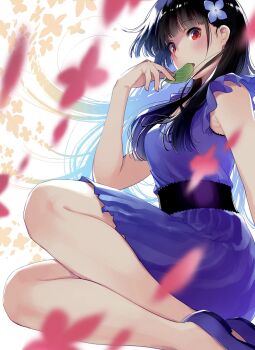 Rule 34 | 1girl, bare arms, black hair, blurry, blurry foreground, commentary request, dress, eating, flower, hair flower, hair ornament, hattori mitsuru, highres, holding, holding leaf, leaf, long hair, looking at viewer, open mouth, purple dress, purple flower, purple shoes, red eyes, sanka rea, sankarea, shoes, sleeveless, sleeveless dress, solo, white background