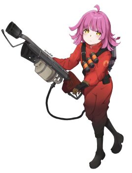 Rule 34 | 1girl, :|, absurdres, ahoge, ankle boots, artist name, black boots, blunt bangs, blunt ends, blush, bodysuit, boots, closed mouth, commentary, commission, cosplay, explosive, expressionless, flamethrower, grenade, highres, hito (maruhito), holding, holding flamethrower, holding weapon, kishimen hair, looking at viewer, love live!, love live! nijigasaki high school idol club, medium hair, pink hair, pyro (tf2), pyro (tf2) (cosplay), red bodysuit, red pyro (tf2), sash, shoulder sash, signature, simple background, solo, standing, tachi-e, team fortress 2, tennoji rina, weapon, white background, yellow eyes