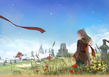 1girl absurdres bandaged_hand bandages closed_eyes closed_mouth cloud commentary english_commentary flower from_behind grass green_skirt grey_hair grey_jacket highres jacket long_hair long_sleeves molli_hu original outdoors plaid_clothes plaid_scarf plant red_flower red_scarf scarf scenery skirt sky solo standing tree wind