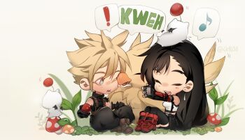 ! 1boy 1girl 4k1030 absurdres armor baggy_pants bird black_gloves black_hair black_pants black_skirt black_thighhighs blonde_hair blue_eyes boots chocobo closed_eyes cloud_strife crop_top earrings final_fantasy final_fantasy_vii final_fantasy_vii_rebirth final_fantasy_vii_remake fingerless_gloves full_body gloves highres jewelry knees_up long_hair looking_at_another miniskirt moogle motion_lines mushroom musical_note on_head one_eye_closed open_mouth pants red_boots short_hair shoulder_armor single_arm_guard single_bare_shoulder single_earring sitting skirt sleeveless sleeveless_turtleneck spiked_hair spoken_exclamation_mark spoken_musical_note sweater tank_top teardrop_earrings thighhighs tifa_lockhart turtleneck turtleneck_sweater twitter_username white_tank_top