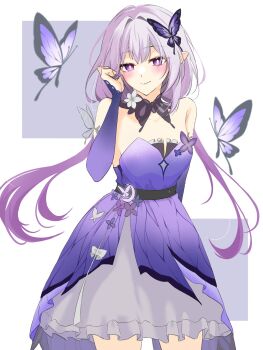 1girl bare_shoulders bright_pupils bug butterfly butterfly_hair_ornament castorice_(gossamer_flutter)_(honkai:_star_rail) castorice_(honkai:_star_rail) commentary_request cowboy_shot dress hair_ornament highres honkai:_star_rail honkai_(series) insect long_hair looking_at_viewer official_alternate_costume pointy_ears purple_dress purple_eyes purple_hair seil_(seil0709) smile solo standing strapless strapless_dress very_long_hair white_pupils
