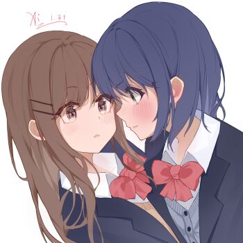 2girls adachi_sakura adachi_to_shimamura black_jacket blazer blue_hair blush bow bowtie brown_eyes brown_hair brown_sweater cardigan chinese_commentary closed_mouth collared_shirt commentary_request eye_contact green_eyes grey_cardigan highres jacket long_hair looking_at_another medium_hair multiple_girls parted_lips qingxu_zhi_dong red_bow red_bowtie school_uniform shimamura_hougetsu shirt signature simple_background sweater upper_body white_background white_shirt yuri