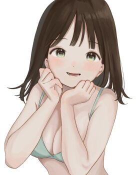 Rule 34 | 1girl, bra, breasts, brown hair, choppy bangs, cleavage, commentary request, dot nose, green bra, green eyes, hands on own chin, hands up, large breasts, long hair, looking at viewer, nena labo, no shirt, original, parted lips, simple background, smile, solo, underwear, upper body, white background