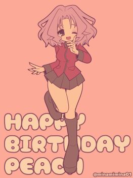 1girl absurdres birthday black_boots black_skirt boots character_name commentary english_text eyeliner full_body girls_und_panzer green_eyes happy_birthday highres index_finger_raised jacket knee_boots leg_up limited_palette long_sleeves looking_at_viewer makeup medium_hair military_uniform minami_mina miniskirt one_eye_closed open_mouth peach_(girls_und_panzer) pink_background pink_hair pleated_skirt red_jacket skirt smile solo st._gloriana's_military_uniform standing standing_on_one_leg text_background twitter_username