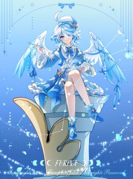 1girl absurdres ahoge alternate_costume artist_name beret blue_bow blue_eyes blue_hair blue_ribbon blue_shoes blue_wings bow character_name chinese_commentary closed_mouth commentary_request constellation crossed_legs drop-shaped_pupils feathered_wings fork furina_(genshin_impact) genshin_impact hair_between_eyes hat heterochromia high_heels highres holding holding_fork holding_plate long_sleeves looking_at_viewer multicolored_hair multicolored_wings plate pom_pom_(clothes) ribbon shoes sitting smile solo star_(symbol) symbol-shaped_pupils wavy_hair weibo_1733899531 white_hair white_hat white_wings wings