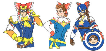 1girl blue_bodysuit bodysuit bow breasts brown_eyes brown_hair captain_america captain_america&#039;s_shield captain_america_(cosplay) captain_falcon captain_falcon_(cosplay) captain_marvel captain_marvel_(cosplay) closed_mouth commentary_request cookie_(touhou) cosplay f-zero frilled_bow frills hair_bow hakurei_reimu helmet highres holding holding_shield kanna_(cookie) long_hair looking_at_viewer marvel medium_breasts multiple_views nintendo red_bow shield short_hair simple_background smile smiley_face star_(symbol) touhou ukiwagirl upper_body white_background