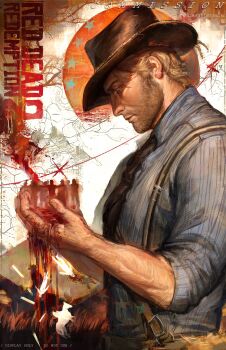 Rule 34 | 1boy, arm hair, arthur morgan, arthur morgan (cosplay), beard, beard stubble, blood, brown facial hair, cosplay, cowboy hat, cowboy western, facial hair, hat, highres, male focus, red dead redemption (series), red dead redemption 2, slaughtersafe, solo, stubble