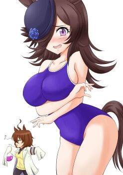 2girls absurdres agnes_tachyon_(umamusume) ahoge alternate_hairstyle animal_ears arms_under_breasts bare_shoulders blush breasts brown_hair flower hair_over_one_eye hat hat_flower highres horse_ears horse_girl horse_tail huge_breasts long_hair looking_at_viewer multiple_girls musical_note one-piece_swimsuit open_mouth potion purple_eyes rakugakituru77 red_eyes rice_shower_(umamusume) short_hair sideboob simple_background smile standing swimsuit tail umamusume white_background