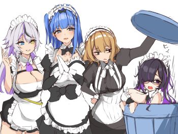 4girls anis_(nikke) apron arcana_(nikke) averting_eyes bags_under_eyes black-framed_eyewear black_bow black_bowtie black_dress black_hair black_skirt blue_eyes blue_hair blush bow bowtie breasts brown_hair cleavage colored_inner_hair commentary_request dress embarrassed glasses gloves goddess_of_victory:_nikke grey_hair hair_ornament hair_over_one_eye heterochromia high_side_ponytail highres in_container in_trash_can label_(nikke) large_breasts long_hair maid maid_apron maid_headdress multicolored_hair multiple_girls nervous phantom_(nikke) purple_eyes purple_hair purple_streaks short_hair skirt smile trash_can two-tone_hair urau white_background white_gloves yellow_eyes