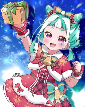 1girl :d arm_up bell blue_background blunt_bangs box candy candy_cane chii_(chi_pppuri) chimumu christmas commentary_request cone_hair_bun cowboy_shot double_bun dress food fur-trimmed_dress fur-trimmed_jacket fur_trim gift gift_box green_hair green_ribbon hair_bun hair_ribbon hand_up highres holding holding_gift jacket jingle_bell looking_at_viewer multicolored_hair open_mouth pretty_series red_dress red_jacket red_ribbon ribbon santa_costume short_hair sidelocks smile snowflakes solo standing streaked_hair waccha_primagi! white_hair wrist_cuffs