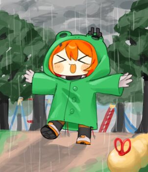 &gt;_&lt; 1girl a.i._voice adachi_rei closed_eyes cloud cloudy_sky frog_raincoat full_body green_raincoat highres long_sleeves nupi_(tpshye7d2k42552) open_mouth orange_hair outdoors outstretched_arms park playground rain raincoat sky smile solo spread_arms standing tree utau