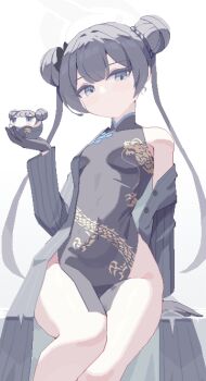 1girl animated animated_gif black_dress black_gloves black_hair blinking blue_archive breasts breathing_(animated) character_doll china_dress chinese_clothes closed_mouth coat doll double_bun dragon_print dress gloves grey_coat grey_eyes grey_halo hair_bun halo highres kisaki_(blue_archive) loli long_hair long_sleeves looking_at_viewer open_clothes open_coat pelvic_curtain piao_mao pixel_art simple_background single_bare_shoulder single_off_shoulder sitting sleeveless sleeveless_dress small_breasts solo souvenir_doll_(blue_archive) thighs twintails white_background