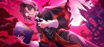 1boy black_hair black_jacket blue_eyes book cassock castle clerical_collar code_geass code_geass:_lost_stories collared_shirt f4samurai full_body highres holding holding_book jacket looking_at_viewer male_focus mario_disel monocle monocle_chain official_art priest shirt short_hair solo