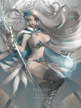 1girl abs blonde_hair bra breasts cape cleavage closed_mouth earrings eyeshadow fantasy feet_out_of_frame fingerless_gloves floating_earrings fur-trimmed_cape fur_trim glitter gloves grey_eyes hair_ornament highres holding holding_staff jewelry large_breasts lips lipstick long_hair looking_at_viewer magic makeup navel original queen rain_wzq red_lips ring silver_nails single_fingerless_glove smile solo staff strapless strapless_bra thighhighs thighs underwear very_long_hair watermark