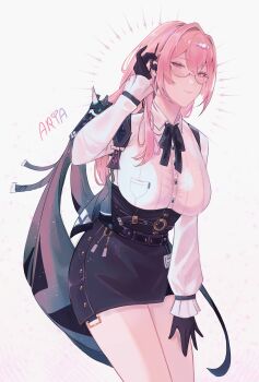 1girl a_r_i_a absurdres black_gloves black_ribbon black_skirt breasts cowboy_shot glasses gloves grey_background hair_intakes hand_up high-waist_skirt highres large_breasts long_hair long_sleeves looking_at_another miniskirt neck_ribbon pencil_skirt pink_hair purple_eyes ribbon shirt simple_background skirt smile solo standing thighs tsukishiro_yanagi very_long_hair white_shirt zenless_zone_zero