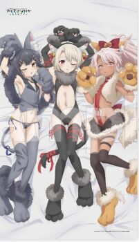3girls animal_ears cat_ears cat_tail chloe_von_einzbern chloe_von_einzbern_(beast_style) fate/kaleid_liner_prisma_illya fate_(series) illyasviel_von_einzbern illyasviel_von_einzbern_(beast_style) looking_at_viewer miyu_edelfelt miyu_edelfelt_(beast_style) multiple_girls official_art sample_watermark tail watermark