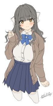 1girl absurdres blue_bow blush bow breasts brown_cardigan brown_eyes cardigan closed_mouth collared_shirt grey_hair highres long_hair long_sleeves looking_at_viewer medium_breasts open_cardigan open_clothes original pleated_skirt school_uniform shirt simple_background skirt smile solo thighhighs unasaka_ryou white_background white_shirt white_thighhighs