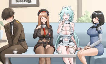 1boy 3girls absurdres animal animal_on_head armband arms_between_legs beret between_legs bird bird_on_head black_hair black_jacket blue_armband blush bodystocking braid braided_ponytail breasts brown_bodystocking brown_hair cleavage closed_eyes clothing_cutout colored_eyelashes commander_(nikke) couch cup dress emma_(nikke) emma_(tactical_upgrade)_(nikke) faceless faceless_male gloves goddess_of_victory:_nikke hair_ornament hair_over_eyes hair_over_shoulder hairband hat highres huge_breasts indoors jacket large_breasts leaf leaf_on_head long-tailed_tit long_hair long_sleeves mary_(nikke) military_jacket military_uniform mole mole_under_mouth multiple_girls necktie noorung official_alternate_costume on_couch on_head open-chest_sweater open_mouth oversized_hat print_sweater ribbed_sweater saucer see-through_bodystocking see-through_cleavage see-through_clothes short_hair sitting sleeveless sleeveless_sweater slit_pupils smile sweater sweater_dress teacup tit_(bird) trina_(nikke) turtleneck v_arms virgin_killer_sweater white_eyelashes white_hair white_hairband white_sweater yellow_eyes