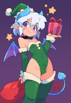 christmas collar crossdressing demon demon_boy demon_horns demon_tail demon_wings detached_sleeves elf femboy hat horns leotard pointy_ears presents purple_eyes rin_nightmare santa_costume santa_elf santa_hat shota sulfur tail thighhighs trap white_hair wings yule