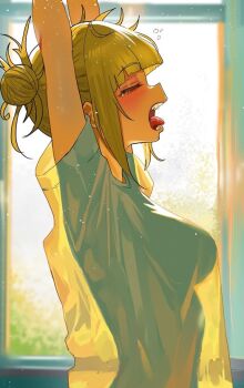 1girl arms_up backlighting bad_tag blonde_hair blunt_bangs blush boku_no_hero_academia breasts closed_eyes curtains double_bun from_side hair_bun helmet implied_nudity indoors large_shirt looking_at_viewer messy_hair narrowed_eyes open_mouth see-through_silhouette shirt short_sleeves sidelocks silhouette_single solo stretching sunlight t-shirt tagme teeth toga_himiko tongue translucent upper_body window yawning