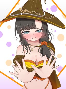 1girl absurdres assault_lily bikini bikini_under_clothes blush breasts brown_cape brown_hat brown_shirt cape chain chitonimu cleavage commentary_request crop_top detached_sleeves green_eyes hair_ornament hair_over_shoulder hair_scrunchie halloween_costume hands_up hat hat_ornament highres inset_border long_sleeves looking_at_viewer medium_breasts navel no_pants o-ring o-ring_bikini o-ring_top official_alternate_costume orange_bikini orange_scrunchie outside_border parted_lips pearl_hat_ornament polka_dot polka_dot_background puffy_detached_sleeves puffy_sleeves purple_background revision scrunchie shirt short_sleeves side_cape single_bare_shoulder solo star_(symbol) star_hat_ornament stomach strapless strapless_shirt striped_clothes striped_shirt swimsuit two-sided_fabric two-sided_headwear two-tone_background upper_body vertical-striped_clothes vertical-striped_hat vertical-striped_shirt wang_yujia wavy_mouth white_background witch_hat