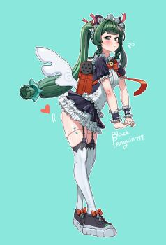 1girl absurdres alternate_costume android animal_ear_hairband animal_ears aqua_background artist_name ass bag bell black_dress black_garter_straps blackpenguin314 blush braid cat_ear_hairband cat_ears closed_mouth commentary_request cosplay dress enmaided fake_animal_ears flying_sweatdrops frilled_dress frills from_side garter_straps green_eyes green_hair hair_ornament hairband heart highres looking_at_viewer maid maid_headdress motion_lines neck_bell qingyi_(zenless_zone_zero) red_bag side_braids simple_background solo sphere_hair_ornament sunna_(afternoon_tea_break)_(zenless_zone_zero) sunna_(zenless_zone_zero) sunna_(zenless_zone_zero)_(cosplay) twintails white_wings winged_bag wings zenless_zone_zero