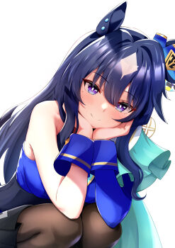 1girl amenu_415 animal_ears asymmetrical_clothes bare_shoulders black_pantyhose blue_eyes blue_hair blush bright_pupils closed_mouth commentary_request ear_ornament hair_between_eyes hair_intakes highres horse_ears horse_girl long_hair looking_at_viewer mole mole_under_eye multicolored_hair pantyhose simple_background smile solo squatting streaked_hair umamusume verxina_(le_beau_sommet)_(umamusume) verxina_(umamusume) white_background white_pupils