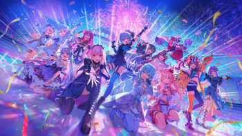Rule 34 | 6+girls, :d, ;d, absurdres, aerial fireworks, alternate costume, animal ears, artist request, asymmetrical clothes, asymmetrical legwear, azki (hololive), beret, black hair, blonde hair, blue hair, boots, braid, breasts, brown hair, chest jewel, colored inner hair, company name, confetti, double bun, dress, elf, fireworks, frilled dress, frills, gloves, hair bun, hairband, hakos baelz, hakui koyori, hand up, hat, headset, heart, heart hands, high heels, highres, hime cut, hololive, hololive dev is, hololive dreams, hololive english, hololive indonesia, horns, hoshimachi suisei, irys (hololive), jacket, juufuutei raden, kneeling, kokoro (hakui koyori), koseki bijou, kureiji ollie, long hair, long sleeves, looking at viewer, mismatched legwear, moona hoshinova, mori calliope, mouse ears, mouse girl, mouse tail, multicolored hair, multiple girls, night, official art, on one knee, one eye closed, open clothes, open jacket, open mouth, otonose kanade, outdoors, partially fingerless gloves, patchwork skin, peaked cap, pink hair, pleated skirt, pointing, pointing up, pointy ears, purple hair, reaching, reaching towards viewer, red hair, sailor collar, second-party source, shoes, short hair, short sleeves, single pantsleg, skirt, smile, spiked hairband, spikes, standing, stitched face, stitches, streaked hair, tail, thigh boots, thigh strap, thighhighs, todoroki hajime, twintails, virtual youtuber, white hair, wolf ears, wolf girl, wolf tail, yukihana lamy, zombie