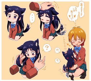 ... 2girls ? absurdres animal_ears arms_between_legs black_hair black_socks blazer blue_bow blue_bowtie blue_skirt blush border bow bowtie closed_eyes closed_mouth diagonal-striped_bow diagonal-striped_bowtie diagonal-striped_clothes dog_ears dog_girl dog_tail ears_down futari_wa_precure hair_ornament hairclip hands_on_another's_chest headpat heart heart_hair_ornament highres jacket kemonomimi_mode kneehighs long_hair long_sidelocks long_sleeves mini_person minigirl miniskirt misumi_nagisa mizin_kosutin multiple_girls multiple_views open_mouth orange_hair outline plaid_clothes plaid_skirt pleated_skirt precure purple_eyes red_jacket school_uniform seiza shirt short_hair sidelocks simple_background sitting skirt socks speech_bubble spoken_ellipsis spoken_question_mark striped_bow striped_bowtie striped_clothes tail tail_wagging thick_eyebrows third-party_source thought_bubble verone_gakuin_school_uniform white_border white_outline white_shirt yellow_background yukishiro_honoka