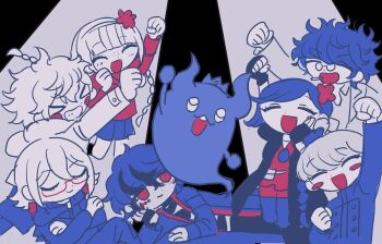 &gt;_&lt; 1other 2girls 4boys :d ^_^ arm_support arm_up bandaged_chest blush blush_stickers braid closed_eyes closed_mouth crossed_arms crown desuhiko_thunderbolt earrings freckles fubuki_clockford ghost glasses hair_between_eyes halara_nightmare highres hood hood_down hooded_coat horns jacket jewelry kurumi_wendy limited_palette long_hair long_sleeves lying master_detective_archives:_rain_code multicolored_hair multiple_boys multiple_girls on_side open_mouth parimi_(tobari) parody_request semi-rimless_eyewear shinigami_(ghost)_(rain_code) shinigami_(rain_code) short_hair sitting smile standing streaked_hair teeth vivia_twilight yakou_furio yuma_kokohead