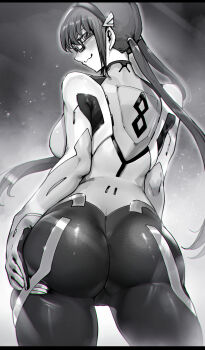 1girl absurdres ass ass_focus blush bodysuit breasts cameltoe cowboy_shot evangelion:_2.0_you_can_(not)_advance evangelion:_3.0_you_can_(not)_redo from_below glasses highres huge_ass long_hair looking_over_shoulder makinami_mari_illustrious mecha_pilot_suit medium_breasts monochrome neon_genesis_evangelion niwarhythm plugsuit_(evangelion) rebuild_of_evangelion smug solo thick_thighs thighs twintails upper_body wide_hips