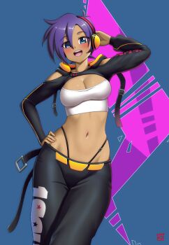 1girl black_pants blue_eyes blush breasts cleavage clothing_cutout commentary crop_top dark-skinned_female dark_skin english_commentary finalcake hair_between_eyes hand_on_own_hip headphones high_voltage_shantae highleg highleg_panties highres looking_at_viewer lowleg lowleg_pants medium_breasts navel official_alternate_costume official_alternate_hair_length official_alternate_hairstyle open_mouth panties pants purple_hair shantae shantae_(series) shantae_advance:_risky_revolution short_hair shoulder_cutout shrug_(clothing) solo standing streetwear teeth underwear upper_teeth_only wide_hips wireless_headphones