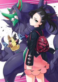 1girl asymmetrical_bangs backpack bag black_hair black_jacket commentary_request dress earrings electricity floating_hair from_behind gen_8_pokemon green_eyes grimmsnarl hair_ribbon head_tilt jacket jewelry looking_at_viewer looking_back marnie_(pokemon) morpeko morpeko_(full) nintendo pink_dress pokemon pokemon_(creature) pokemon_swsh red_ribbon ribbon soyo2106 standing stud_earrings twintails undercut