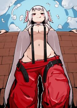 1girl absurdly_long_hair absurdres against_wall blue_sky blush bow breasts brick_wall cloud commentary_request from_below fujiwara_no_mokou hair_bow highres licking_lips long_hair loose_pants maebari medium_breasts naked_suspenders navel ofuda ofuda_on_pussy open_clothes open_shirt pants red_eyes red_pants scar scar_on_stomach shirt sky smile solo suspenders tongue tongue_out touhou very_long_hair white_shirt xin_wuwu