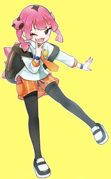1girl 2024 absurdres backpack bad_tag bag black_bag black_eyes clothes coral_(pokemon) eyes_visible_through_hair fang helmet highres long_sleeves looking_at_viewer meta-g_(curc8737) metallic_g nail_polish one_eye_closed open_mouth orange_shorts pink_hair pink_nails shirt shorts simple_background standing teeth white_shirt yellow_background