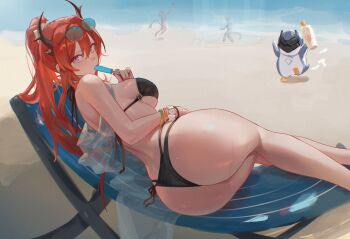 Rule 34 | 1girl, absurdres, alternate costume, arknights, arknights: endfield, ass, beach, bikini, bird, breasts, chair, commentary request, demon girl, demon horns, eyewear on head, food, food in mouth, from behind, highres, holding, holding food, holding popsicle, horns, laevatain (arknights), large breasts, long hair, looking at viewer, looking back, lounge chair, lying, on side, penguin, popsicle, popsicle in mouth, purple eyes, red hair, side-tie bikini bottom, skindentation, sunglasses, surtr (arknights), swimsuit, uof