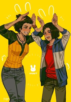 2girls arm_tattoo arms_up blue_panties brown_hair character_request denim english_text far_cry far_cry_6 green_pants jacket jeans jewelry multicolored_jacket multiple_girls necklace noriuma open_clothes open_jacket panties pants red_shirt shirt short_hair smile tattoo two-tone_jacket underwear yellow_background yellow_jacket