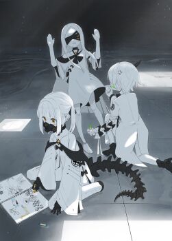 3girls bandaged_hand bandages black_mask black_tail blindfold blue_archive blush child's_drawing colored_skin commentary_request covered_eyes crayon crayon_drawing ein_(blue_archive) extra_pupils highres holding holding_crayon long_hair long_sleeves mask mechanical_hands mechanical_tail multiple_girls ohr_(blue_archive) open_mouth paper respirator segmented_tail short_hair siblings sketchbook sof_(blue_archive) symbol-shaped_pupils tail triplets very_long_hair white_hair white_skin white_tongue x-shaped_pupils yellow_eyes yureru_okuba