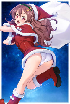 1girl ass boots border breasts brown_hair capelet commentary_request crotch_seam dress fortissimo from_below fur-trimmed_boots fur-trimmed_capelet fur-trimmed_dress fur_trim green_hairband hair_ornament hairband hat highres holding holding_sack kazuma_muramasa kimi_to_idol_precure long_hair looking_at_viewer looking_back musical_note musical_note_hair_ornament open_mouth outside_border panties precure red_boots red_capelet red_dress red_eyes running sack sakura_uta_(precure) santa_hat short_dress small_breasts solo underwear white_border white_panties