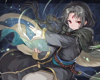 1boy belt black_cloak black_hair black_tunic book cloak closed_mouth commentary_request facial_mark fire_emblem fire_emblem:_path_of_radiance forehead_mark grey_pants haru_(nakajou-28) highres holding holding_book hood hood_down hooded_cloak long_hair looking_at_viewer magic male_focus nintendo pants red_eyes rope_belt solo soren_(fire_emblem) tunic