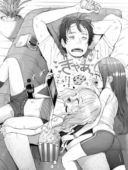 1boy 2girls ass bad_id bad_twitter_id bike_shorts blush bracelet brand_name_imitation cameltoe choker controller cookie couch food glasses_on_head hair_ornament hairclip heart highres jewelry loli long_hair lying lying_on_person masuda_(yousaytwosin) monochrome multiple_girls musical_note navel open_mouth original plant plastic_bottle popcorn potted_plant remote_control round_eyewear shirt t-shirt tablet_pc wavy_hair