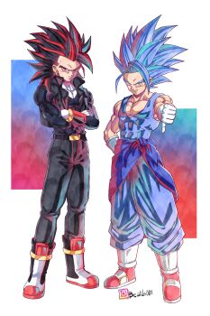 2boys abs absurdres anklet beatlo_(rodrigo38658978) black_bodysuit black_hair black_jacket blue_hair blue_jumpsuit bodysuit boots bracelet clenched_hand closed_mouth commentary crackling_energy cropped_jacket crossed_arms dragon_ball dragonball_z dual_persona english_commentary full_body furry furry_male gloves highres humanization humanoid_and_humanization instagram_username jacket jewelry jumpsuit leg_warmers long_hair looking_at_viewer loose_hair_strand male_focus multicolored_hair multiple_boys muscular muscular_male open_clothes open_jacket pectorals red_eyes red_hair red_shoes shadow_the_hedgehog shoes simple_background sleeveless sleeveless_jacket smile smirk sonic_(series) sonic_the_hedgehog spiked_hair standing thumbs_down tight_clothes toriyama_akira_(style) two-tone_hair white_background white_boots white_gloves